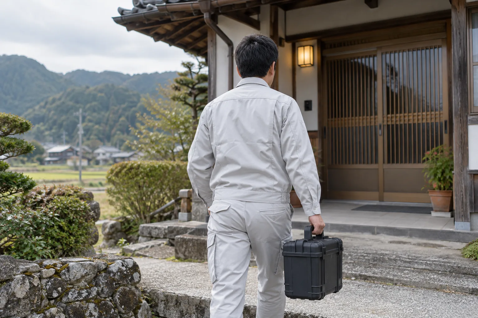 点検用の道具を持って住宅を訪問する作業員の後ろ姿