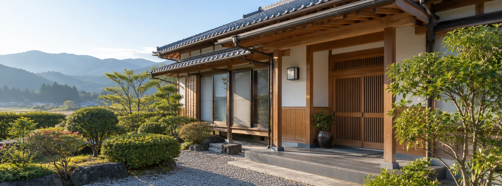 外壁まわりと庭が整えられた木造住宅の玄関