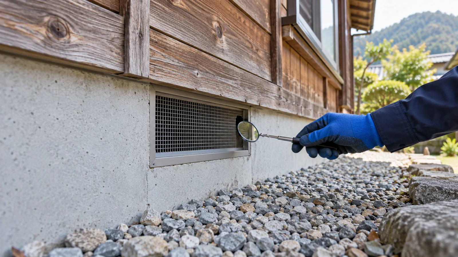 住宅の基礎換気口を点検する手元