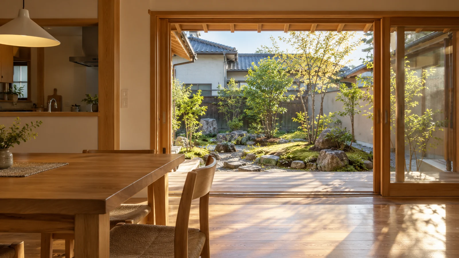 木の住まいから手入れされた庭へ続く空間