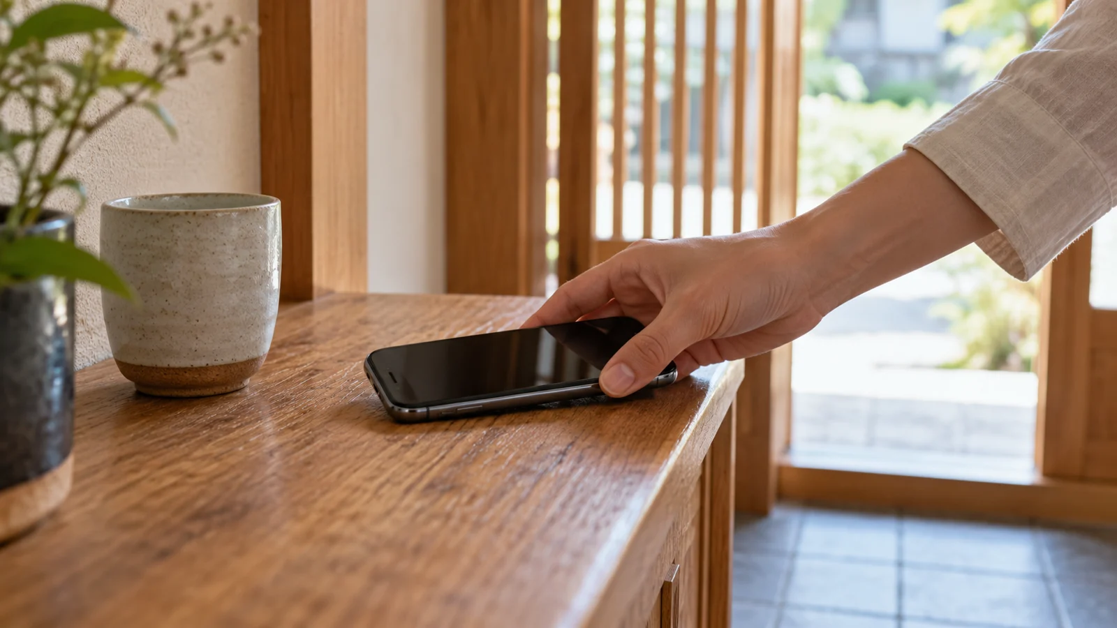 木製の棚にスマートフォンを置く手元