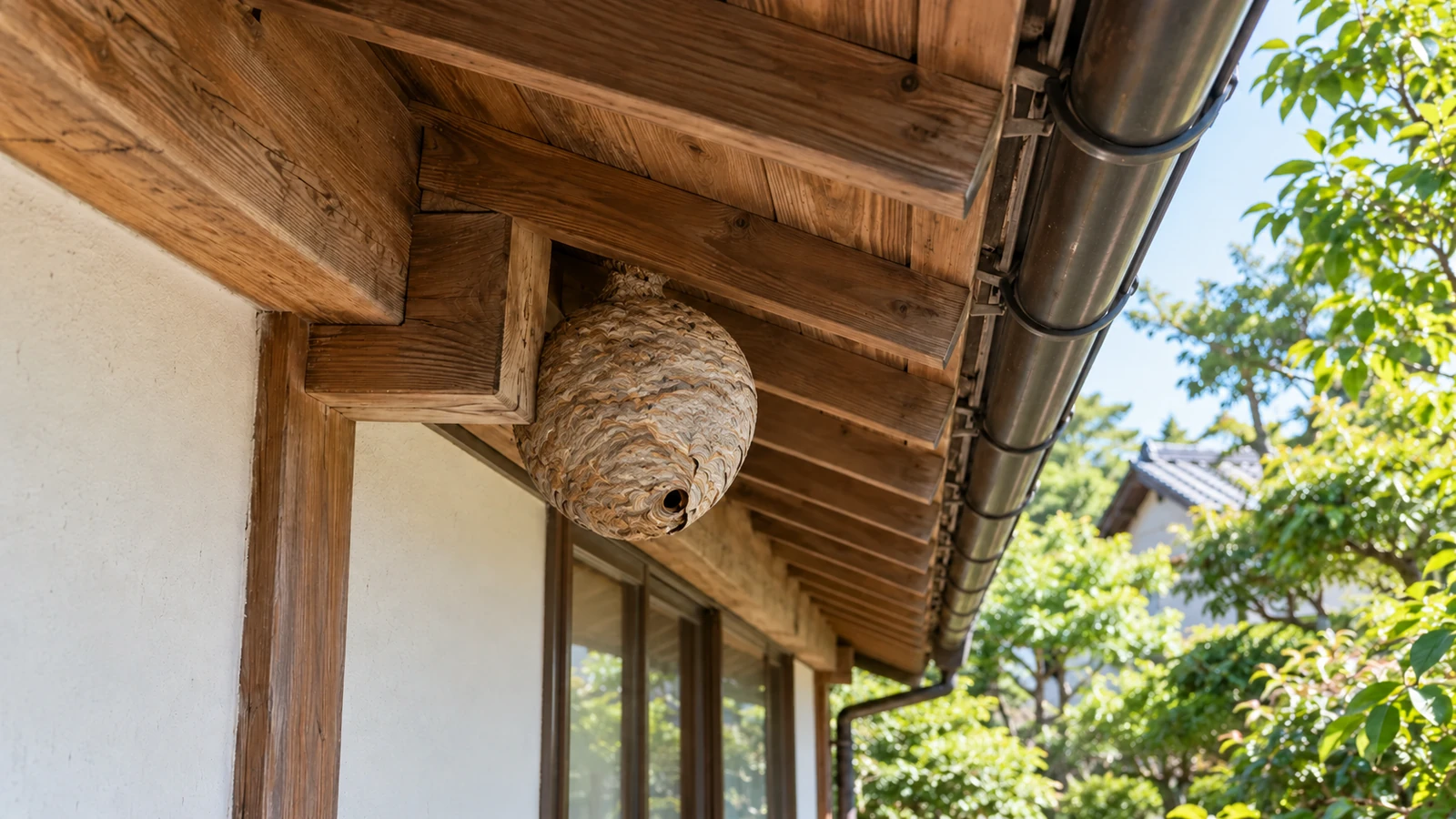 木造住宅の軒裏に付着したスズメバチの巣と雨どい