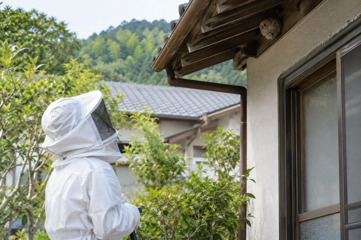 防護服を着用し住宅の軒下の蜂の巣を確認する作業員