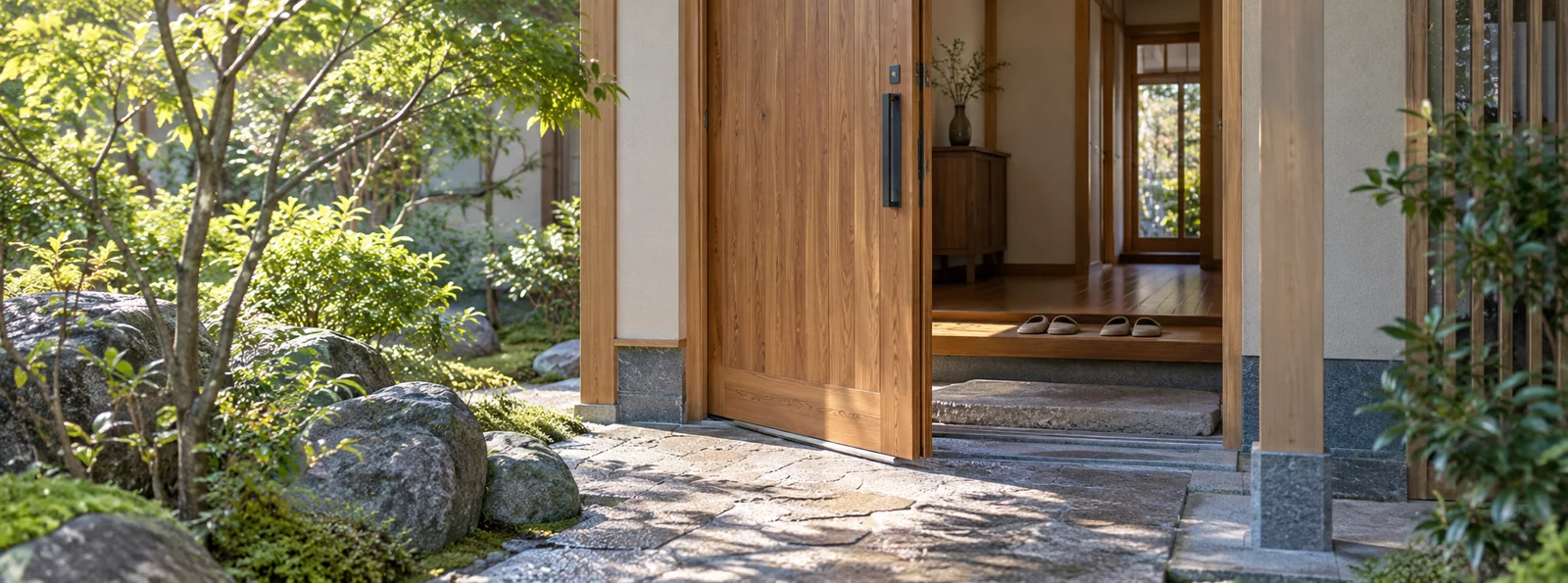 早朝の光が入る住宅の開いた木製玄関