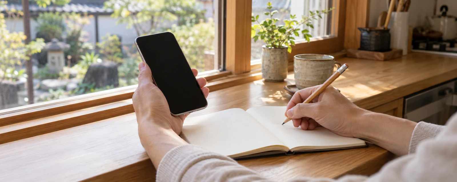 電話相談に備えてスマートフォンとノートを用意する手元
