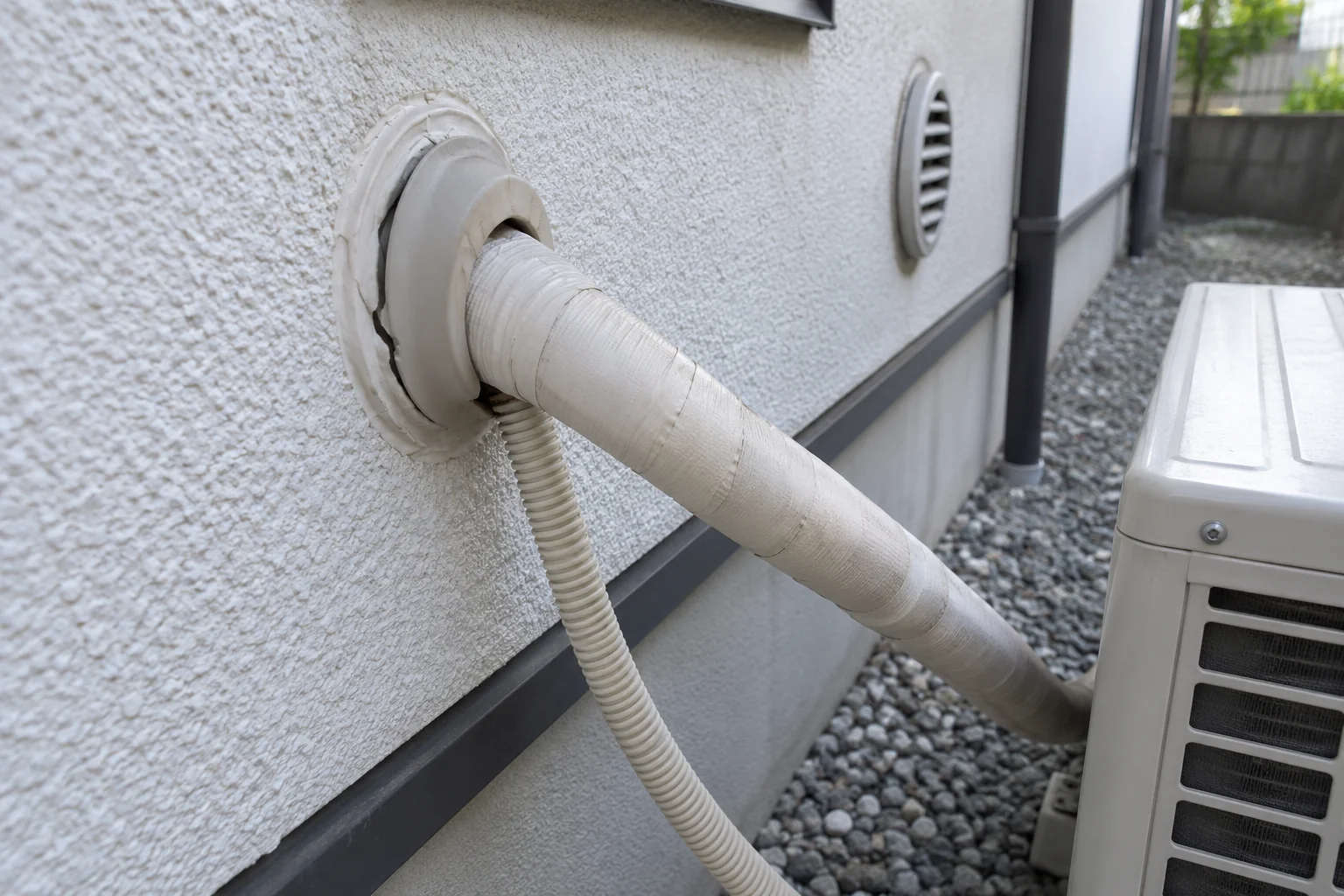 住宅外壁を通るエアコン配管と排水ホースの接続部