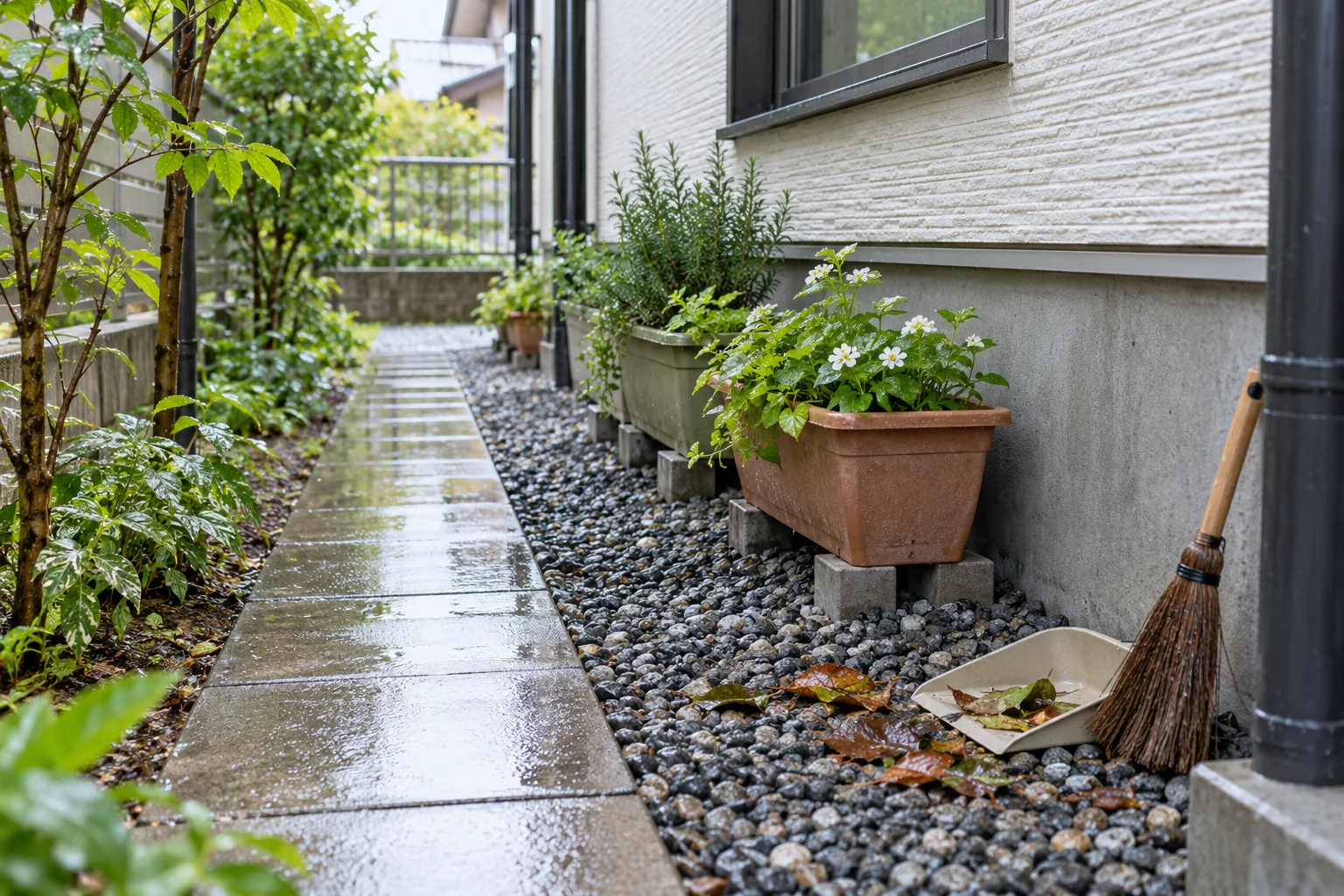 雨上がりの住宅外周で落ち葉と湿気を整理する道具と砂利敷き