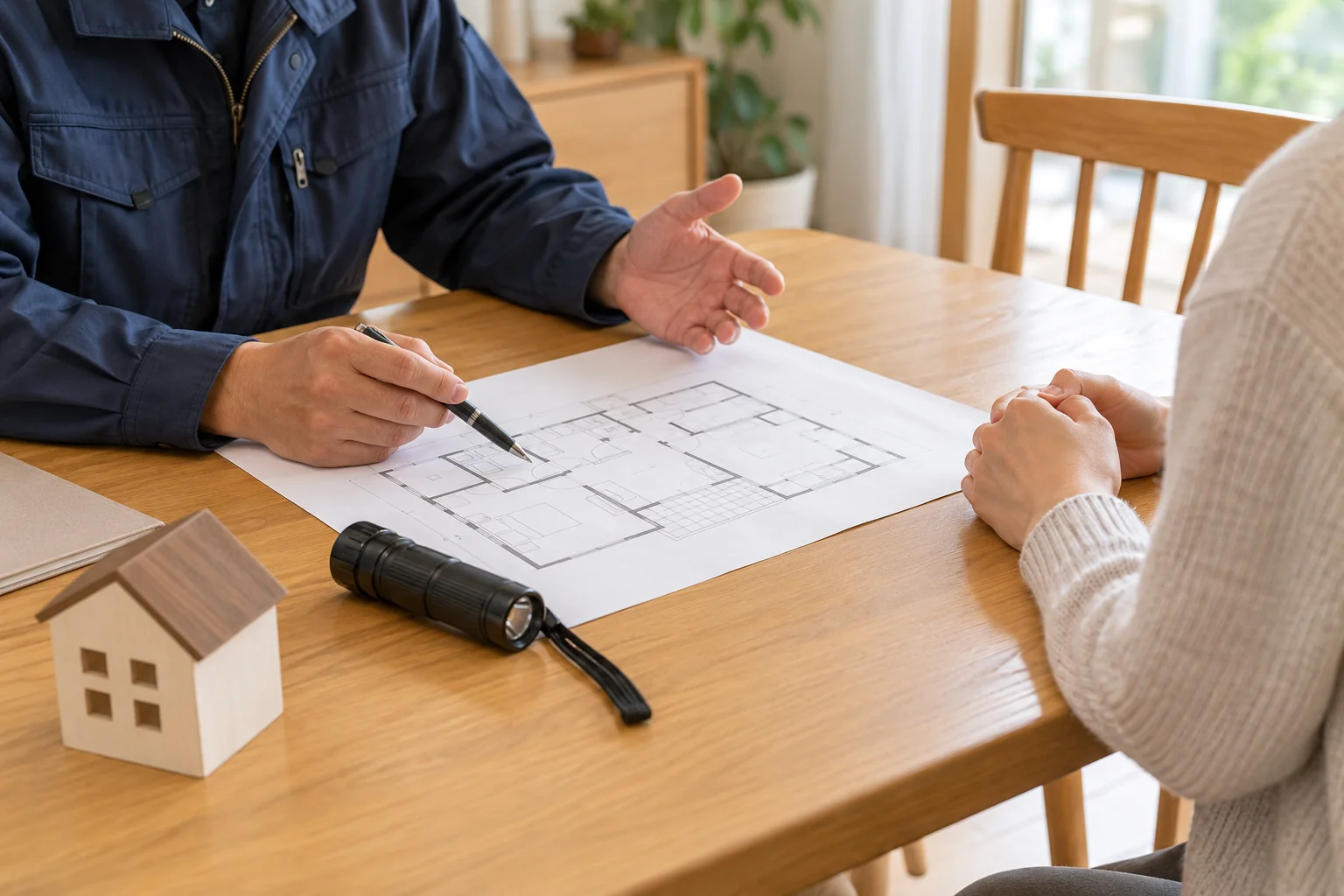 住宅の間取り図を見ながら調査について相談する手元