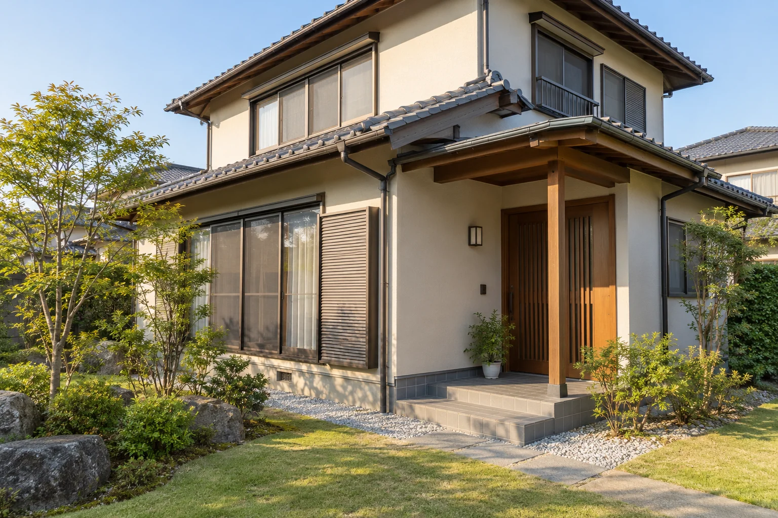 窓や玄関と基礎まわりが整えられた日本の住宅