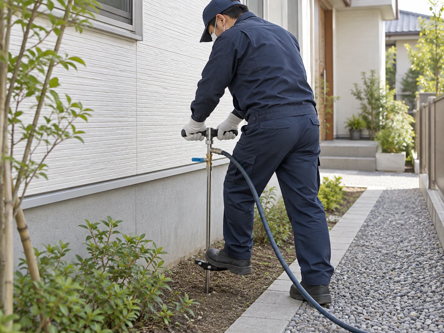 完成した住宅の屋外で、T字ハンドルを両手で持ち、足踏み式の土壌注入器を基礎沿いの土に挿す作業員