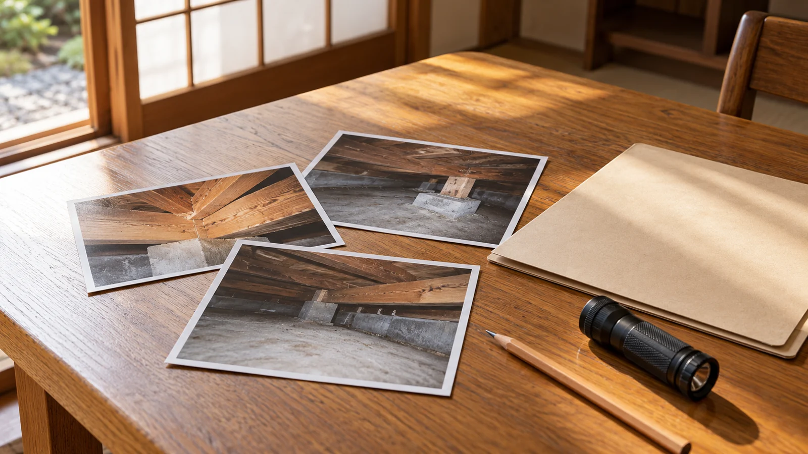 定期点検に備えた木部の写真と点検道具
