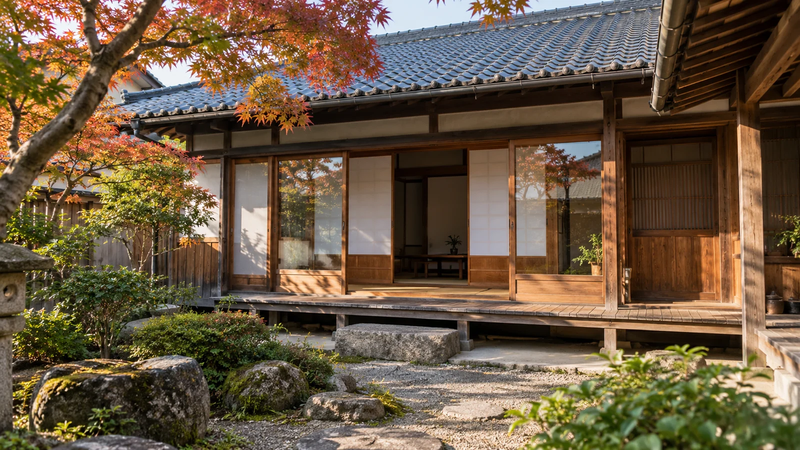 庭から見た大切に手入れされた日本家屋