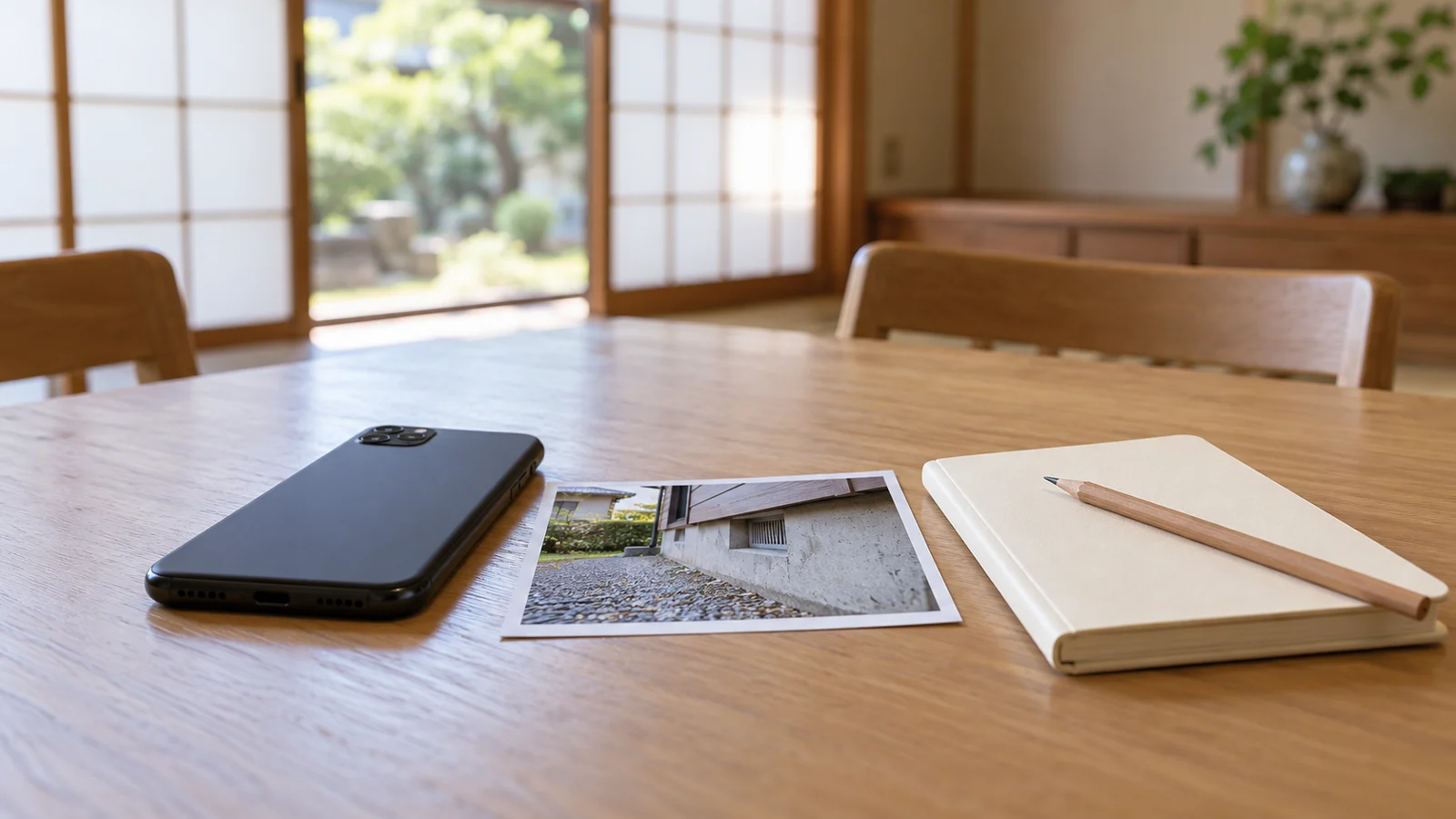 相談に備えて机に置かれた電話と住まいの写真