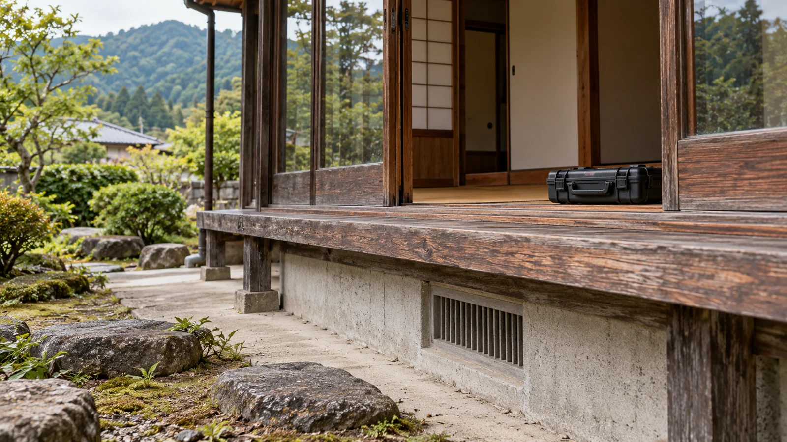 木造住宅の縁側と基礎換気口のそばに置かれた点検用ケース